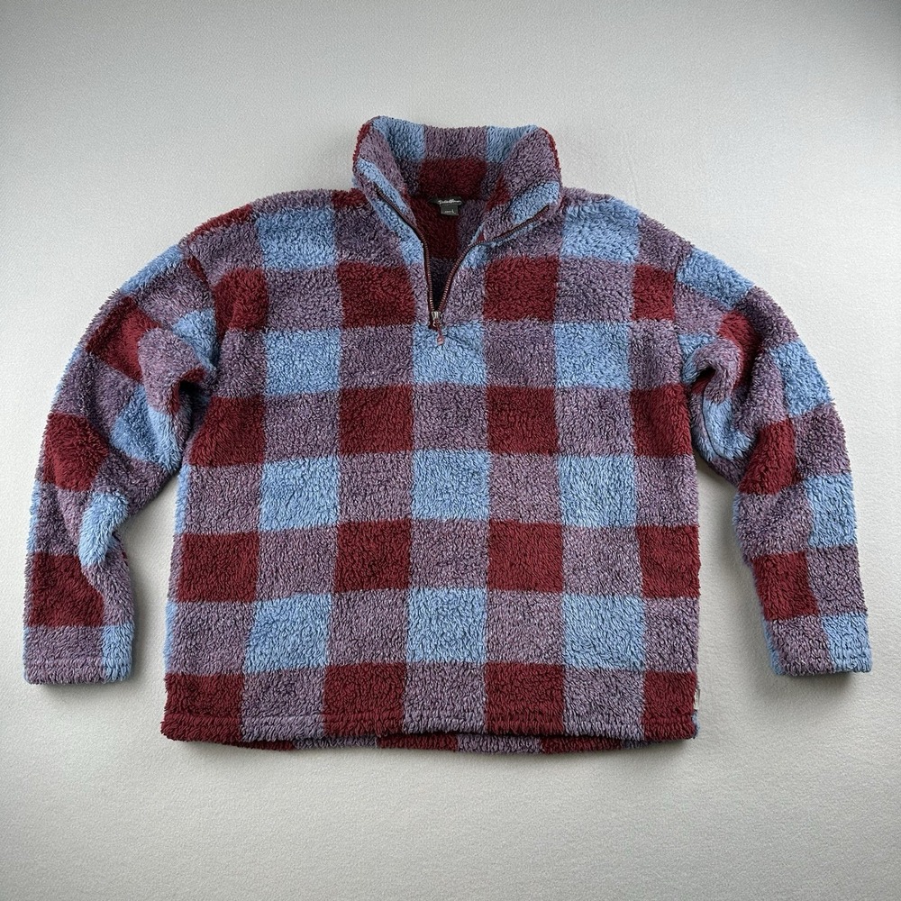 Eddie Bauer Fleece Pullover Womens L Burgundy Blue Plaid Sherpa Quarter Zip